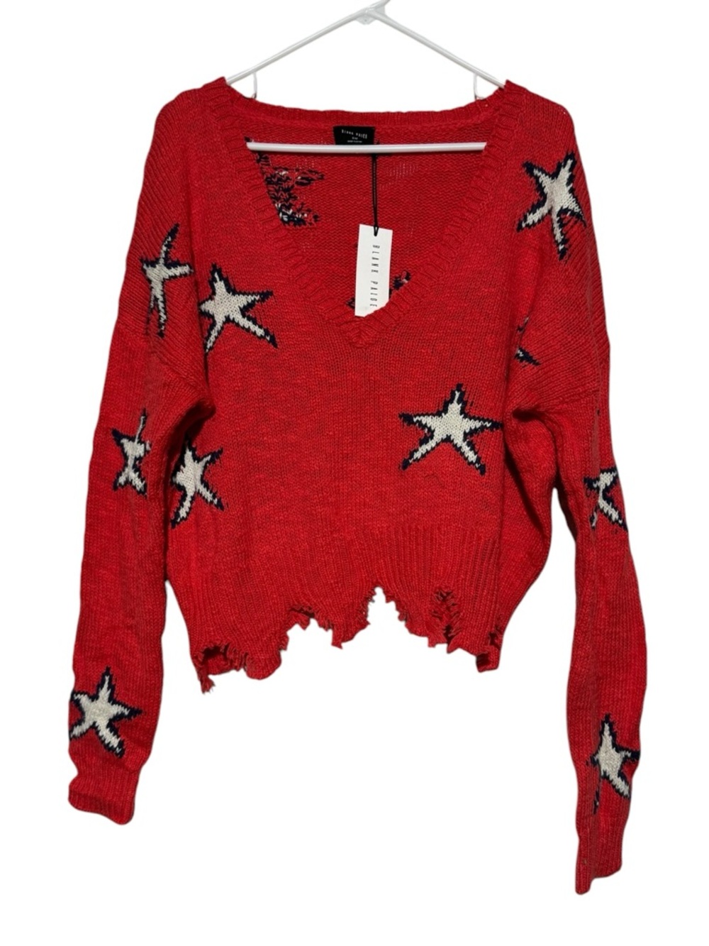 Blank Paige NWT Star Shark Bite Sweater Size Medium July Fourth Patriotic v-neck